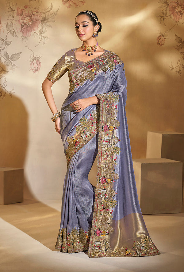Monjolika Fashion Surpassing Lavender Embroidery Cut Dana Moti Work Ziraf Silk Saree With Heavy Work Blouse Piece