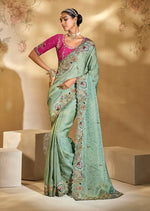 Thumbnail for Monjolika Fashion Surpassing Sea green Embroidery Cut Dana Moti Work Kanchipuram Silk Saree