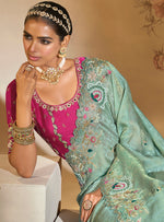 Thumbnail for Monjolika Fashion Surpassing Sea green Embroidery Cut Dana Moti Work Kanchipuram Silk Saree