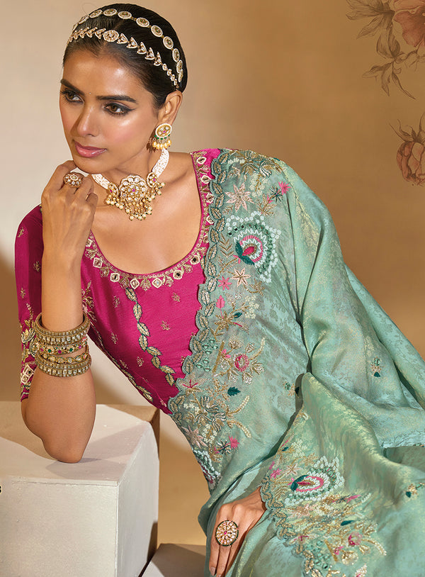 Monjolika Fashion Surpassing Sea green Embroidery Cut Dana Moti Work Kanchipuram Silk Saree