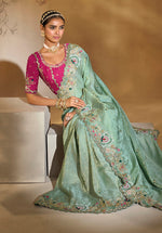 Thumbnail for Monjolika Fashion Surpassing Sea green Embroidery Cut Dana Moti Work Kanchipuram Silk Saree