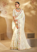 Thumbnail for Monjolika Fashion Surpassing Off white Embroidery Cut Dana Moti Work Georgette Saree