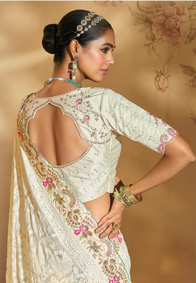 Monjolika Fashion Surpassing Off white Embroidery Cut Dana Moti Work Georgette Saree