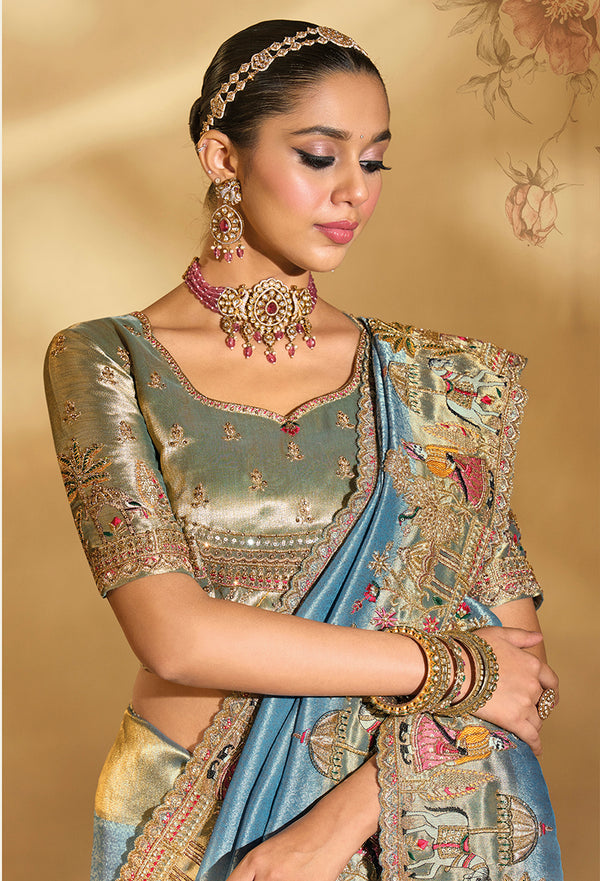 Monjolika Fashion Surpassing Sky blue Embroidery Cut Dana Moti Work Ziraf Silk Saree With Heavy Work Blouse Piece