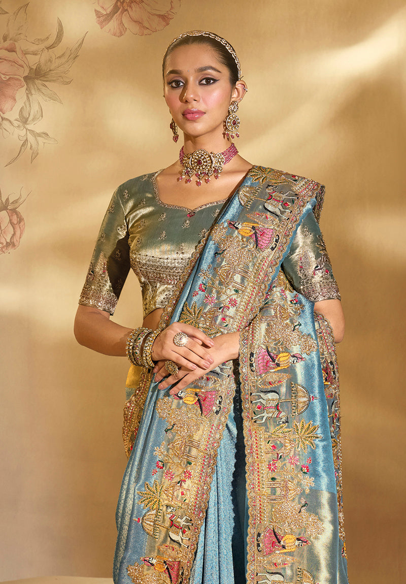 Monjolika Fashion Surpassing Sky blue Embroidery Cut Dana Moti Work Ziraf Silk Saree With Heavy Work Blouse Piece