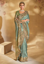 Thumbnail for Monjolika Fashion Surpassing Sea Green Embroidery Cut Dana Moti Work Crepe Silk Saree With Heavy Work Blouse Piece
