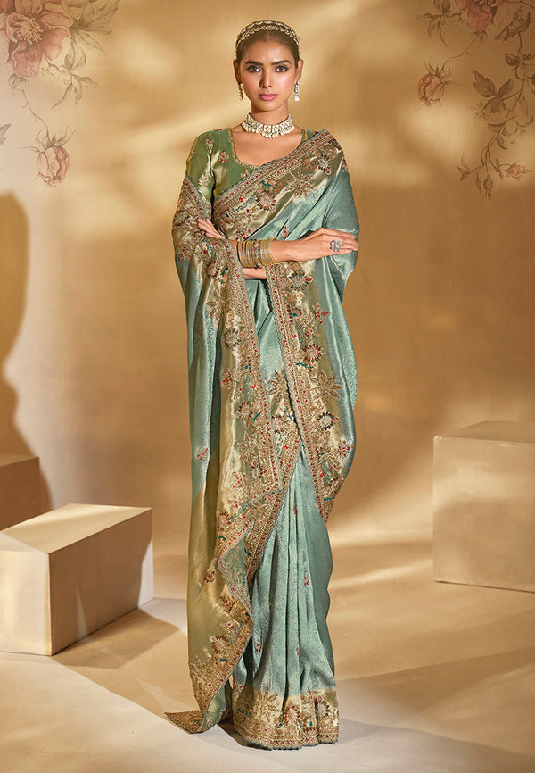 Monjolika Fashion Surpassing Sea Green Embroidery Cut Dana Moti Work Crepe Silk Saree With Heavy Work Blouse Piece