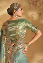 Thumbnail for Monjolika Fashion Surpassing Sea Green Embroidery Cut Dana Moti Work Crepe Silk Saree With Heavy Work Blouse Piece