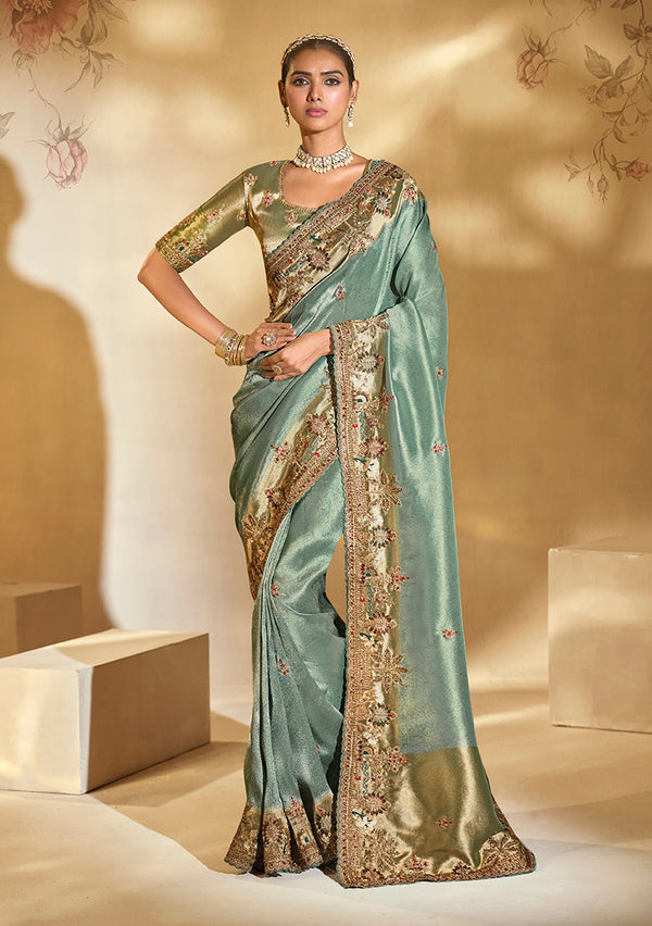 Monjolika Fashion Surpassing Sea Green Embroidery Cut Dana Moti Work Crepe Silk Saree With Heavy Work Blouse Piece