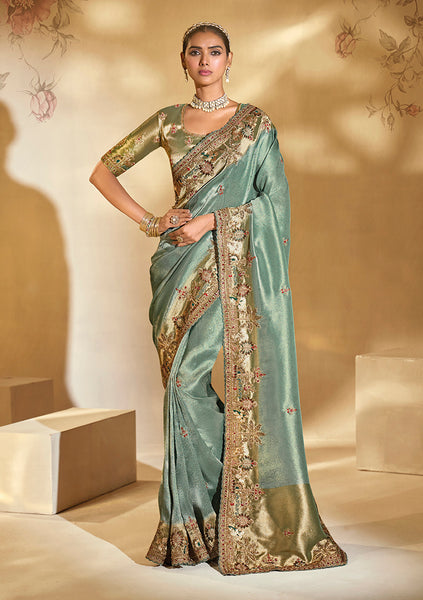 Monjolika Fashion Surpassing Sea Green Embroidery Cut Dana Moti Work Crepe Silk Saree With Heavy Work Blouse Piece