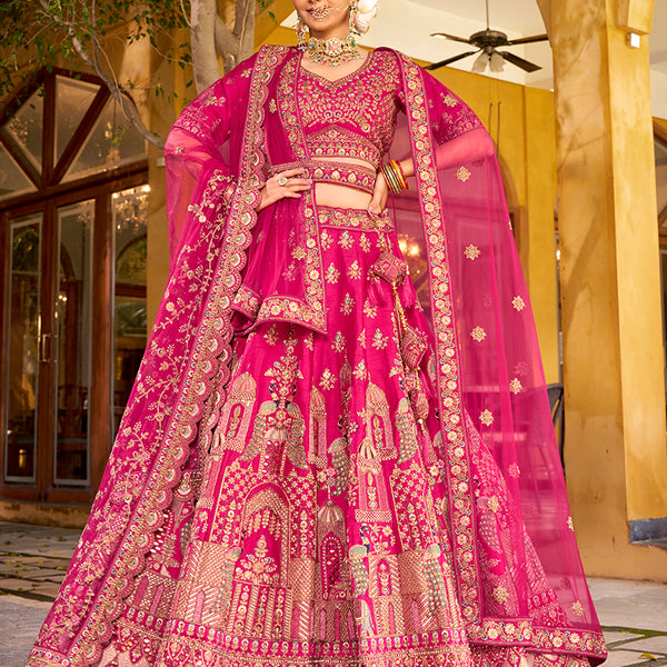 Monjolika Fashion Rani Pink Heavy Zarkan Diamond & Mirror Hand Embroidery Silk Bridal Lehenga Choli With Double Dupatta