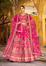 Thumbnail for Monjolika Fashion Rani Pink Heavy Zarkan Diamond & Mirror Hand Embroidery Silk Bridal Lehenga Choli With Double Dupatta