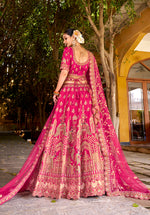 Thumbnail for Monjolika Fashion Rani Pink Heavy Zarkan Diamond & Mirror Hand Embroidery Silk Bridal Lehenga Choli With Double Dupatta