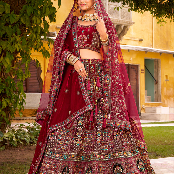 Monjolika Fashion Maroon Heavy Zarkan Diamond & Mirror Hand Embroidery Velvet Bridal Lehenga Choli With Double Dupatta