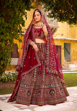 Thumbnail for Monjolika Fashion Maroon Heavy Zarkan Diamond & Mirror Hand Embroidery Velvet Bridal Lehenga Choli With Double Dupatta
