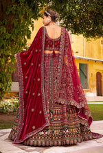 Thumbnail for Monjolika Fashion Maroon Heavy Zarkan Diamond & Mirror Hand Embroidery Velvet Bridal Lehenga Choli With Double Dupatta