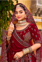 Thumbnail for Monjolika Fashion Maroon Heavy Zarkan Diamond & Mirror Hand Embroidery Velvet Bridal Lehenga Choli With Double Dupatta