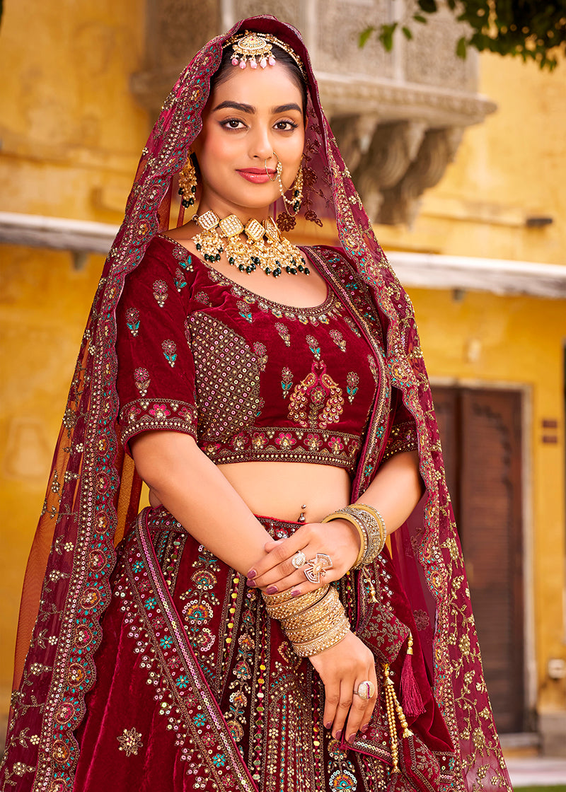 Monjolika Fashion Maroon Heavy Zarkan Diamond & Mirror Hand Embroidery Velvet Bridal Lehenga Choli With Double Dupatta