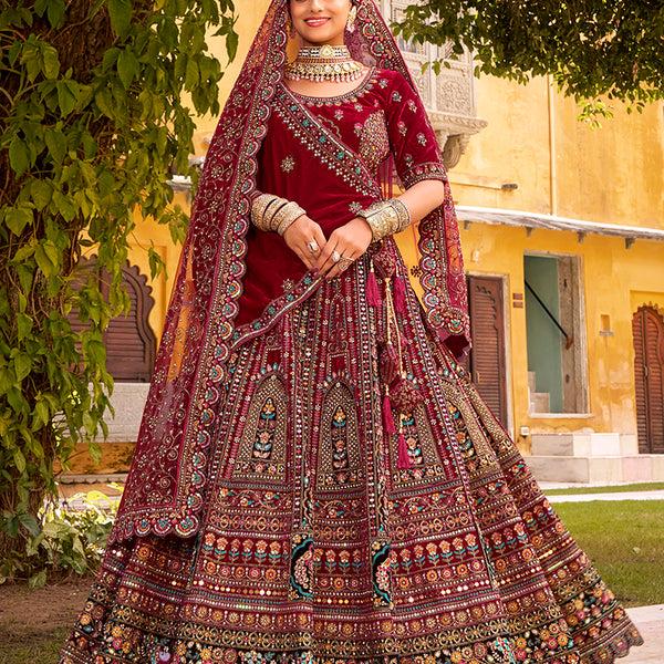 Monjolika Fashion Maroon Heavy Zarkan Diamond & Mirror Hand Embroidery Velvet Bridal Lehenga Choli With Double Dupatta