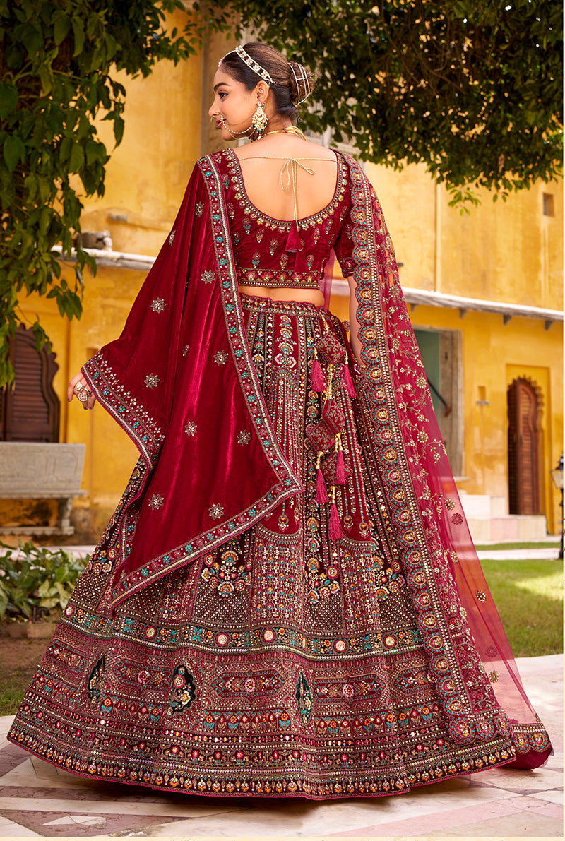 Monjolika Fashion Maroon Heavy Zarkan Diamond & Mirror Hand Embroidery Velvet Bridal Lehenga Choli With Double Dupatta - Distacart
