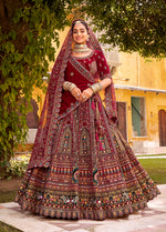 Thumbnail for Monjolika Fashion Maroon Heavy Zarkan Diamond & Mirror Hand Embroidery Velvet Bridal Lehenga Choli With Double Dupatta