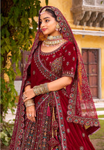 Thumbnail for Monjolika Fashion Maroon Heavy Zarkan Diamond & Mirror Hand Embroidery Velvet Bridal Lehenga Choli With Double Dupatta