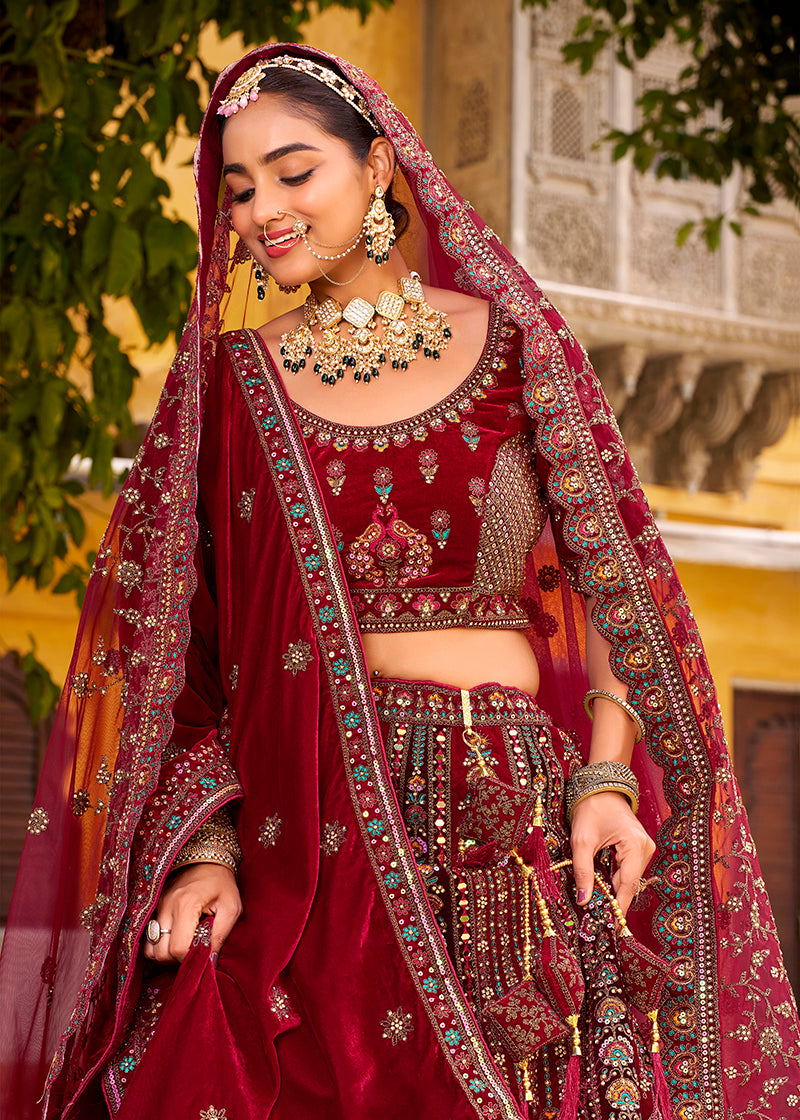 Monjolika Fashion Maroon Heavy Zarkan Diamond & Mirror Hand Embroidery Velvet Bridal Lehenga Choli With Double Dupatta