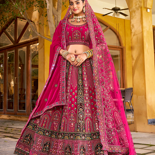Monjolika Fashion Rani Pink Heavy Zarkan Diamond & Mirror Hand Embroidery Velvet Bridal Lehenga Choli With Double Dupatta