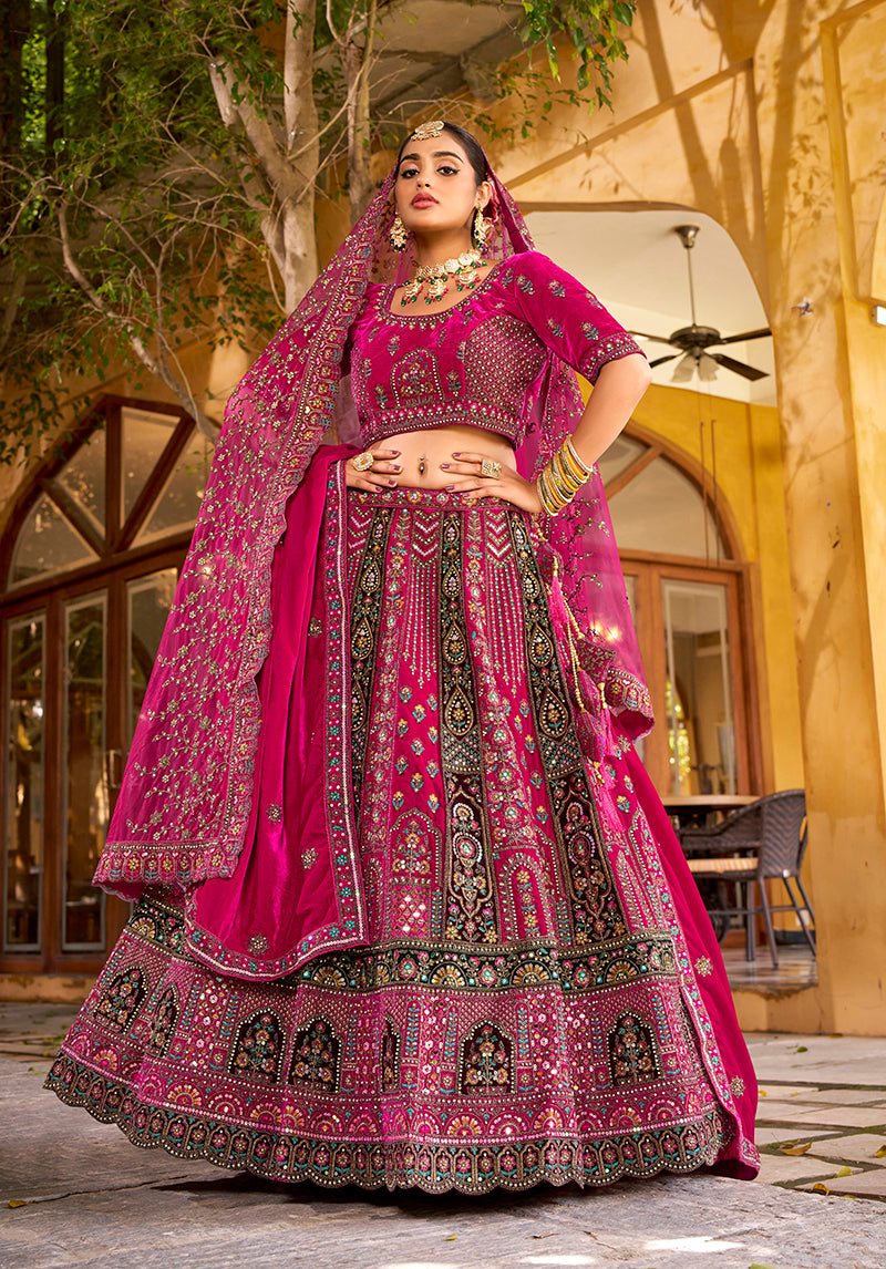 Monjolika Fashion Rani Pink Heavy Zarkan Diamond & Mirror Hand Embroidery Velvet Bridal Lehenga Choli With Double Dupatta