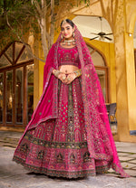 Thumbnail for Monjolika Fashion Rani Pink Heavy Zarkan Diamond & Mirror Hand Embroidery Velvet Bridal Lehenga Choli With Double Dupatta