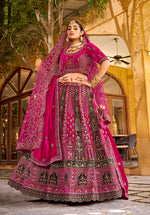 Thumbnail for Monjolika Fashion Rani Pink Heavy Zarkan Diamond & Mirror Hand Embroidery Velvet Bridal Lehenga Choli With Double Dupatta