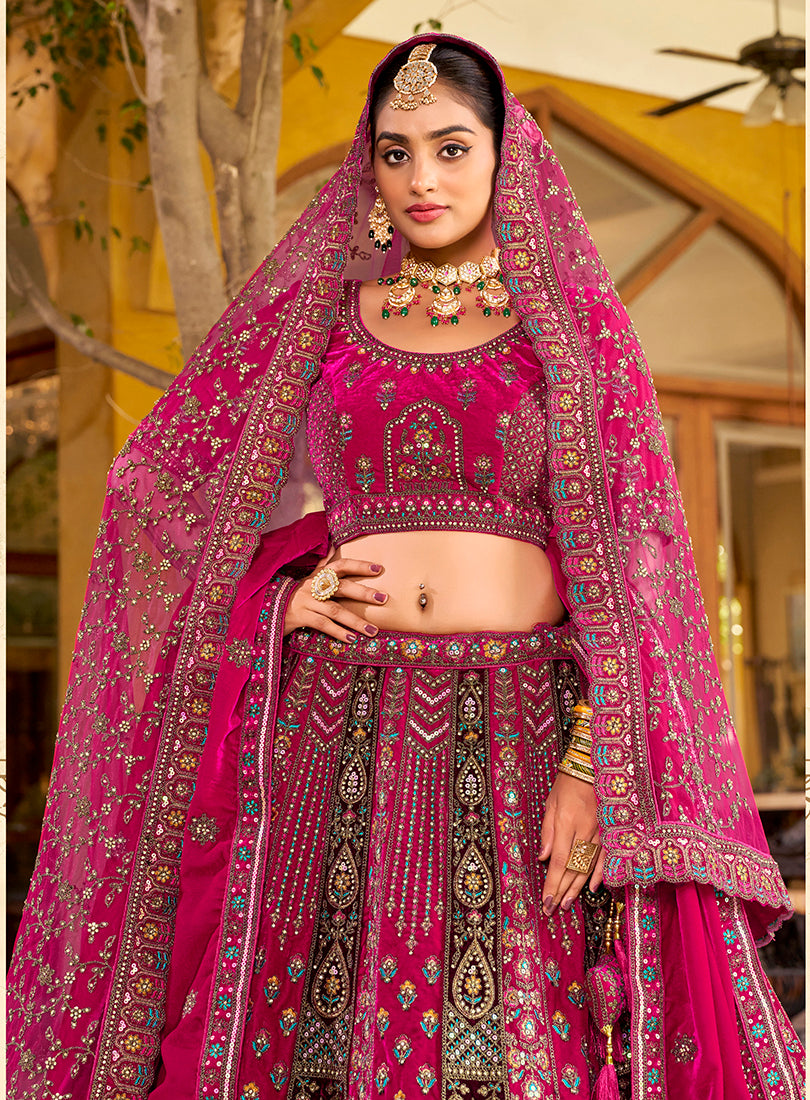 Monjolika Fashion Rani Pink Heavy Zarkan Diamond & Mirror Hand Embroidery Velvet Bridal Lehenga Choli With Double Dupatta - Distacart
