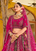 Thumbnail for Monjolika Fashion Rani Pink Heavy Zarkan Diamond & Mirror Hand Embroidery Velvet Bridal Lehenga Choli With Double Dupatta