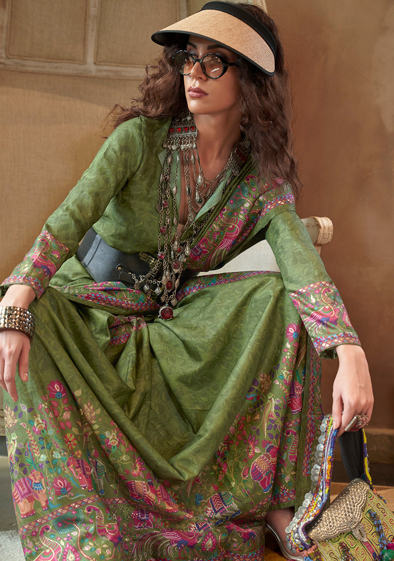 Monjolika Fashion Green Silk Blend Printed Ceremonial Saree