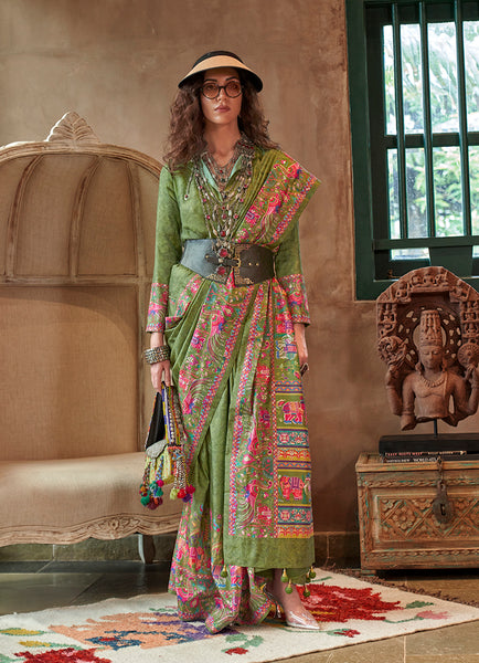 Monjolika Fashion Green Silk Blend Printed Ceremonial Saree