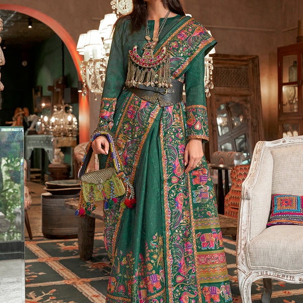 Monjolika Fashion Dark Green Silk Blend Printed Ceremonial Saree