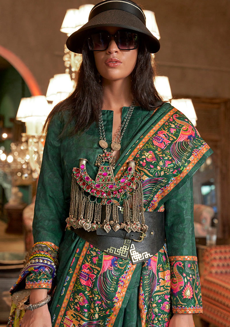 Monjolika Fashion Dark Green Silk Blend Printed Ceremonial Saree