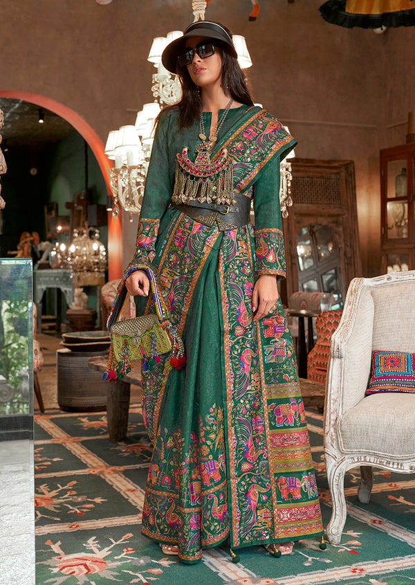 Monjolika Fashion Dark Green Silk Blend Printed Ceremonial Saree