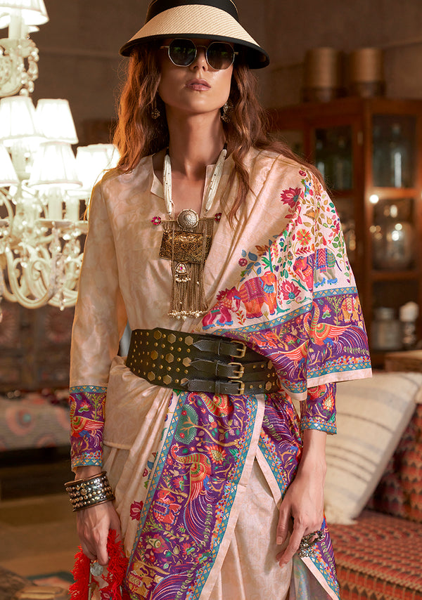 Monjolika Fashion Beige Silk Blend Printed Ceremonial Saree