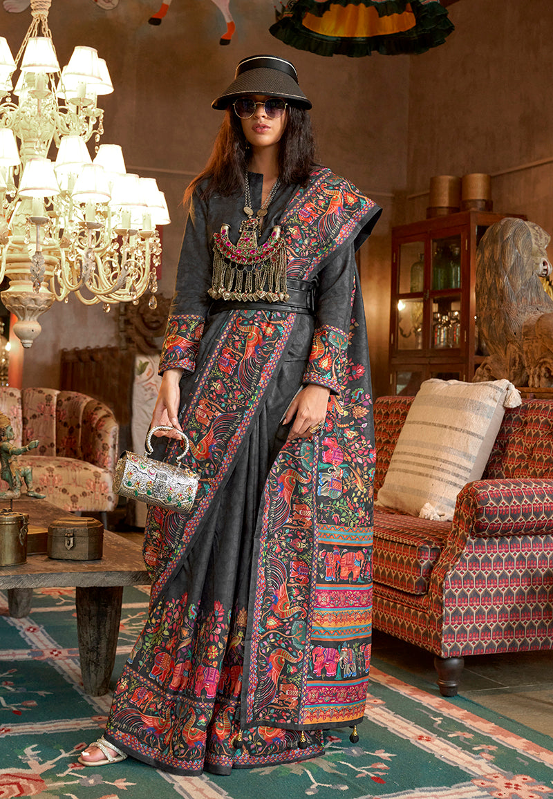 Monjolika Fashion Black Silk Blend Printed Ceremonial Saree