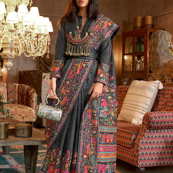 Monjolika Fashion Black Silk Blend Printed Ceremonial Saree