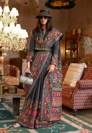 Monjolika Fashion Black Silk Blend Printed Ceremonial Saree