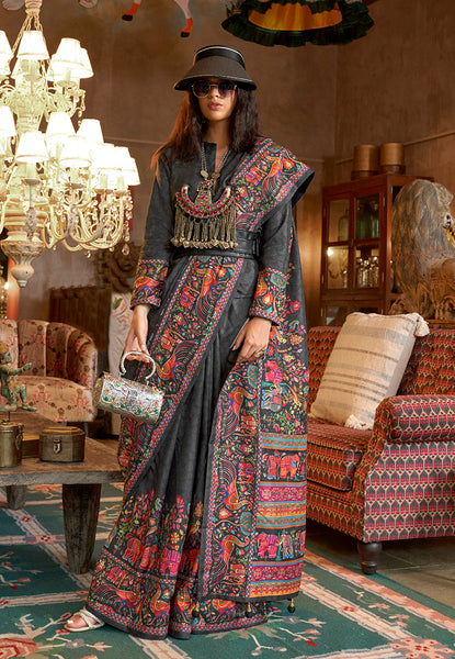 Monjolika Fashion Black Silk Blend Printed Ceremonial Saree