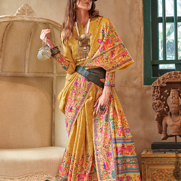 Monjolika Fashion Mustard Silk Blend Printed Ceremonial Saree