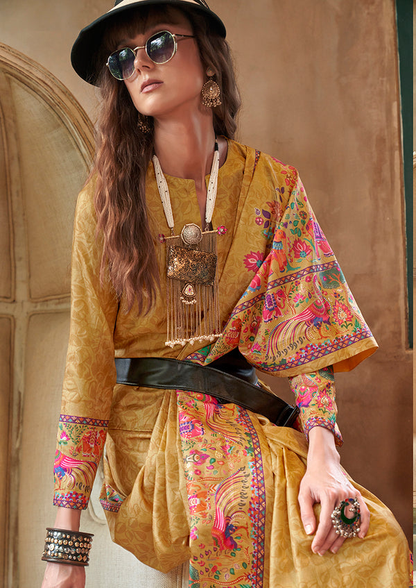 Monjolika Fashion Mustard Silk Blend Printed Ceremonial Saree