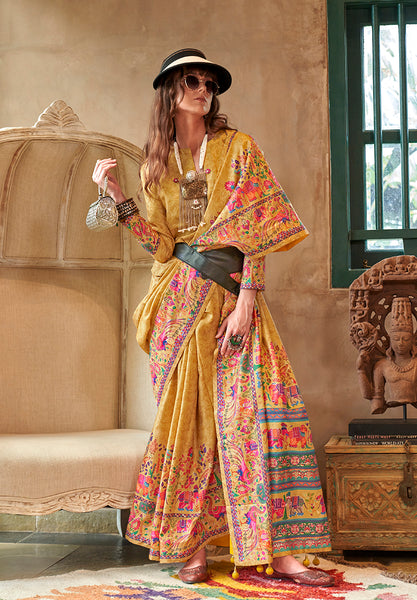 Monjolika Fashion Mustard Silk Blend Printed Ceremonial Saree