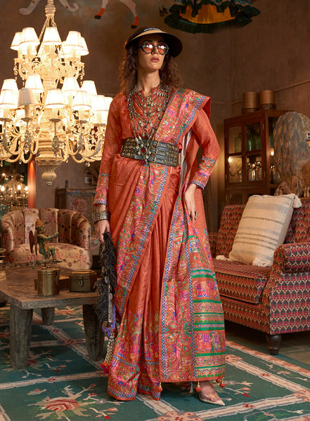 Monjolika Fashion Peach Silk Blend Printed Ceremonial Saree
