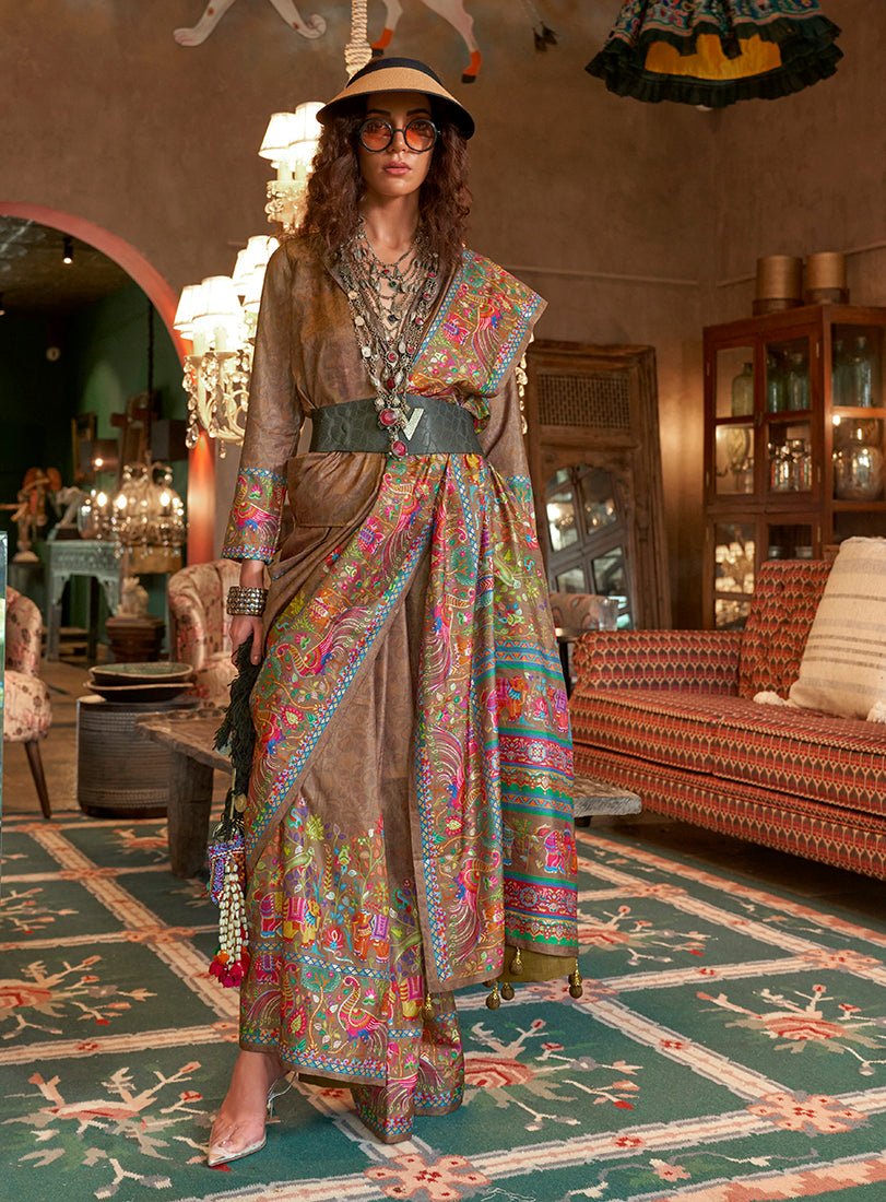 Monjolika Fashion Brown Silk Blend Printed Ceremonial Saree