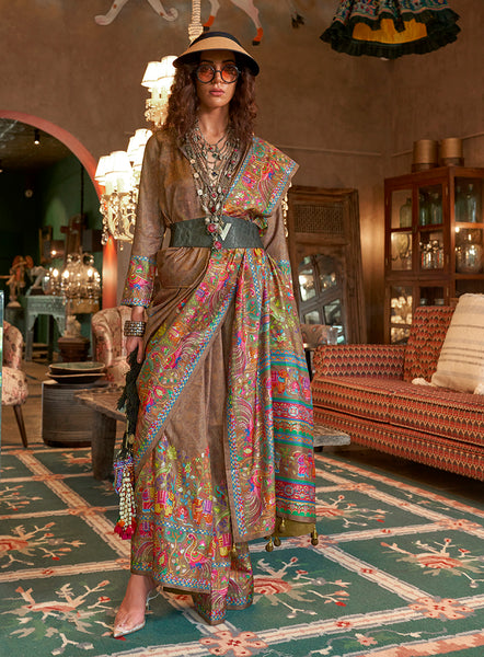 Monjolika Fashion Brown Silk Blend Printed Ceremonial Saree