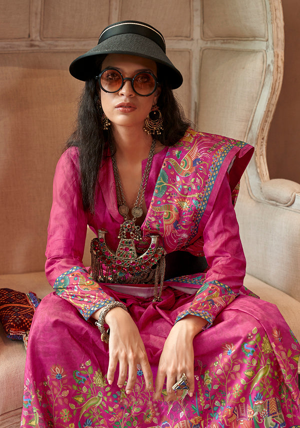 Monjolika Fashion Rani Pink Silk Blend Printed Ceremonial Saree